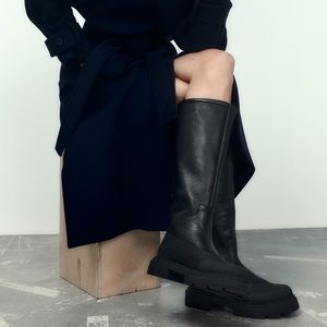 NEW Zara Faux Shearling Lined Mid-calf Black Leather Boots with Waterproof Sole